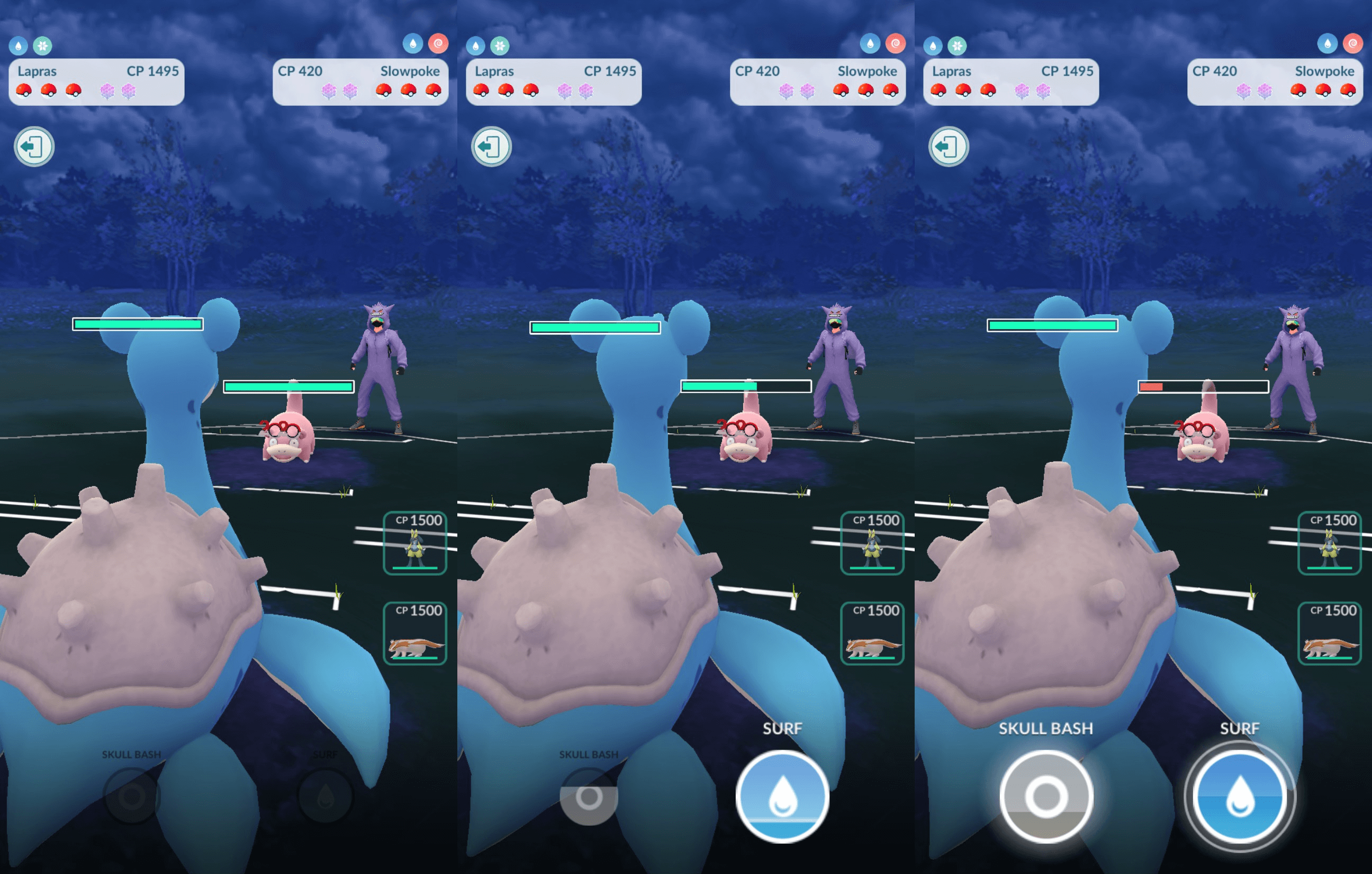 Lapras vs Slowpoke, shown with 3 different amounts of energy stored.
